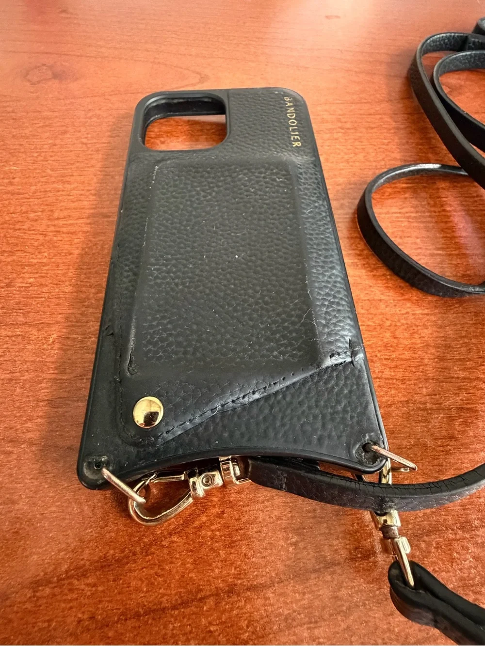 Bandolier Black Leather Crossbody iPhone 13 Pro Case with Card Holder & Strap